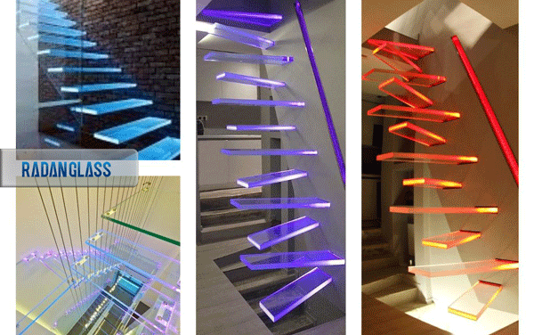 راه پله سفارشی شیشه ای با نور LED